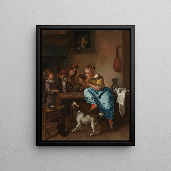 Les enfants apprennent à un chat à danser, une leçon connue sous le nom de « leçon de danse » - Jan Steen — framed artwork on a wall