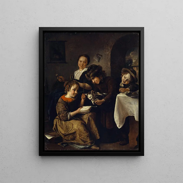 children learning to read to a cat - Jan Steen — framed artwork on a wall