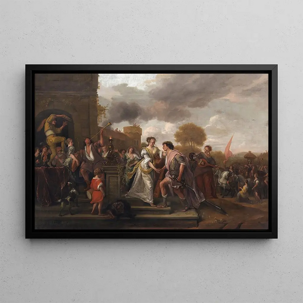 David returning victorious after defeating Goliath and the Philistines - Jan Steen — framed artwork on a wall