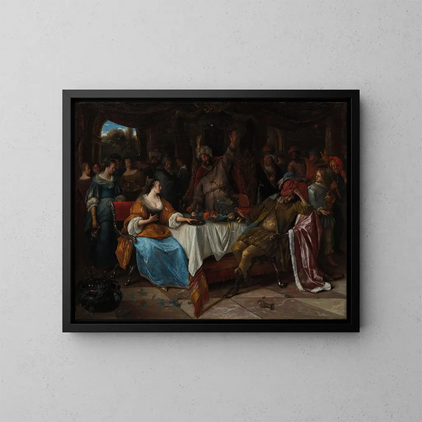 Esther, Ahasuerus and Haman - Jan Steen — framed artwork on a wall