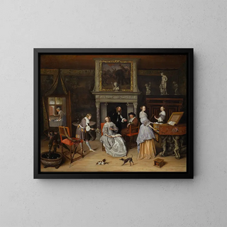 Interior fantasy painting with Jan Steen and Gerrit Schouten's family - Jan Steen — framed artwork on a wall