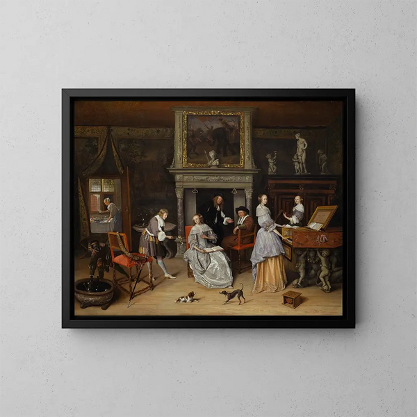 Interior fantasy painting with Jan Steen and Gerrit Schouten's family - Jan Steen — framed artwork on a wall