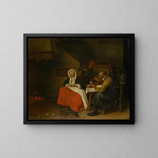 Farmhouse painting of eating eggs - Jan Steen — framed artwork on a wall