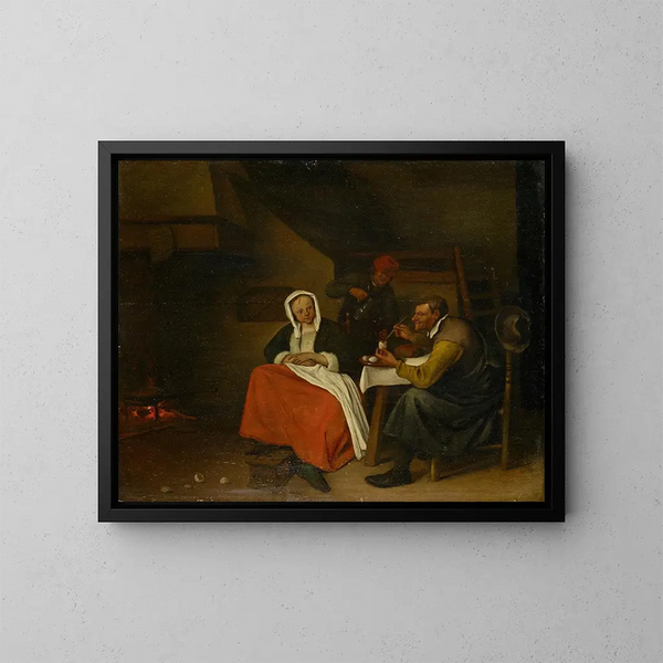 Farmhouse painting of eating eggs - Jan Steen — framed artwork on a wall