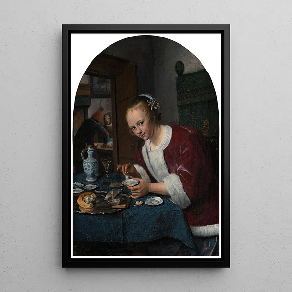 Girl eating oysters - Jan Steen — framed artwork on a wall