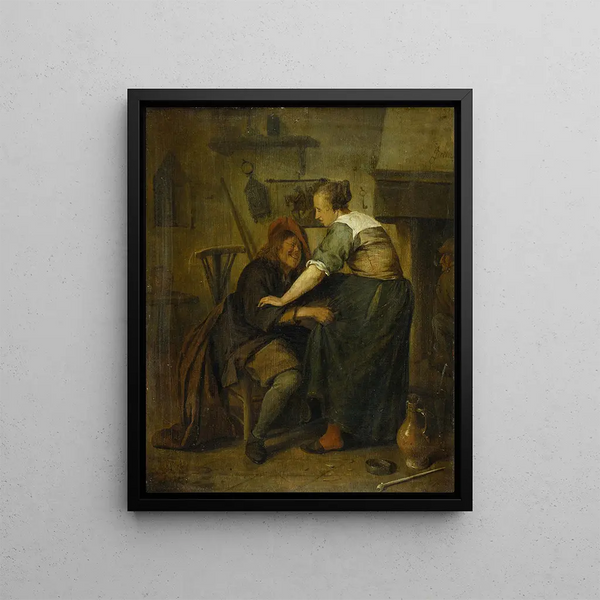 Inn with hosts and maid - Jan Steen — framed artwork on a wall