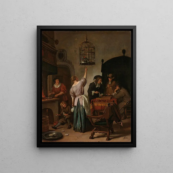 Interior painting with a woman feeding a parrot known as The Parrot Cage - Jan Steen — framed artwork on a wall