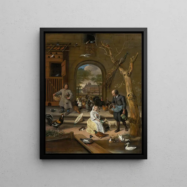 Portrait painting of Jacoba Maria van Wassenaer 1654-1683, known as La Basse-cour - Jan Steen — framed artwork on a wall