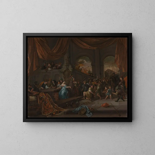 Samson Offended by the Philistines - Jan Steen — framed artwork on a wall