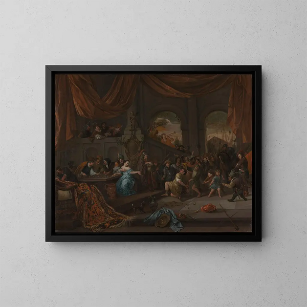 Samson Offended by the Philistines - Jan Steen — framed artwork on a wall