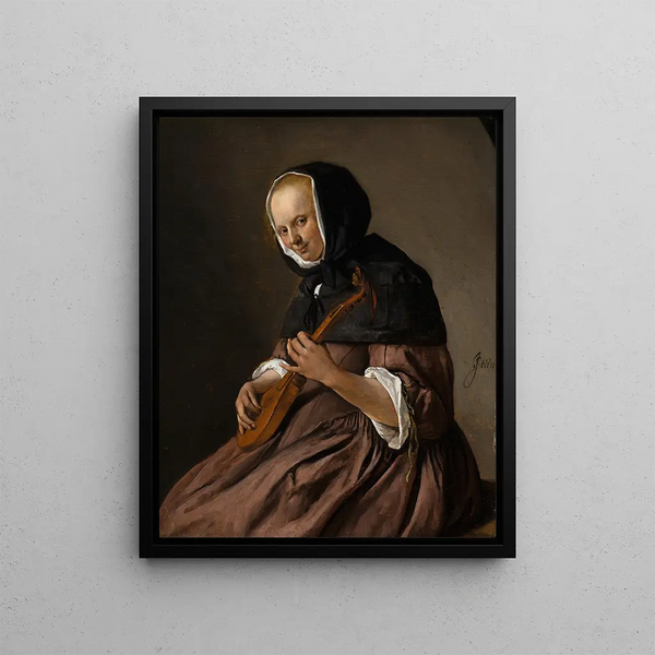 Woman playing the cittern - Jan Steen — framed artwork on a wall