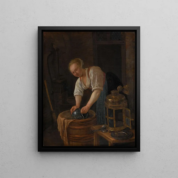 Woman cleaning metal objects - Jan Steen — framed artwork on a wall