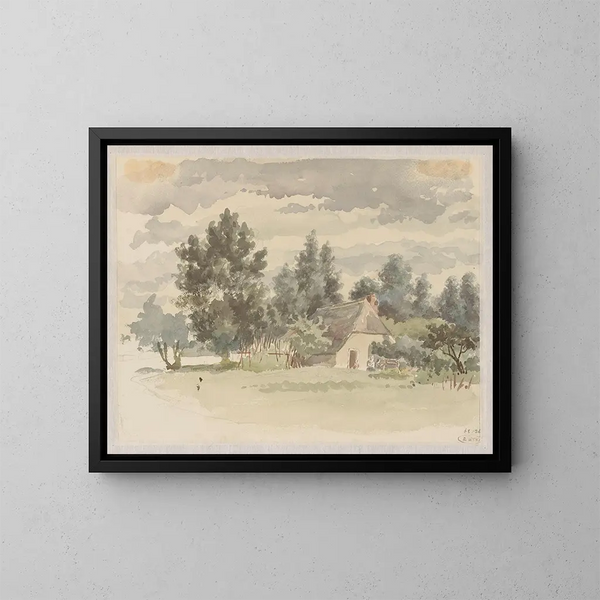 Landscape painting with farm surrounded by trees - Jan Striening — framed artwork on a wall