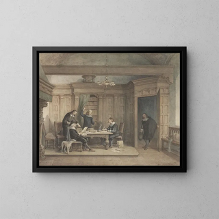 Five men in an interior - Jan Striening — framed artwork on a wall