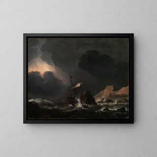 Storm at Sea with a Shipwreck - Jan Theunisz Blanckerhoff — framed artwork on a wall