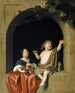 Two children at a window watching a soap bubble - Jan Tilius — artwork view