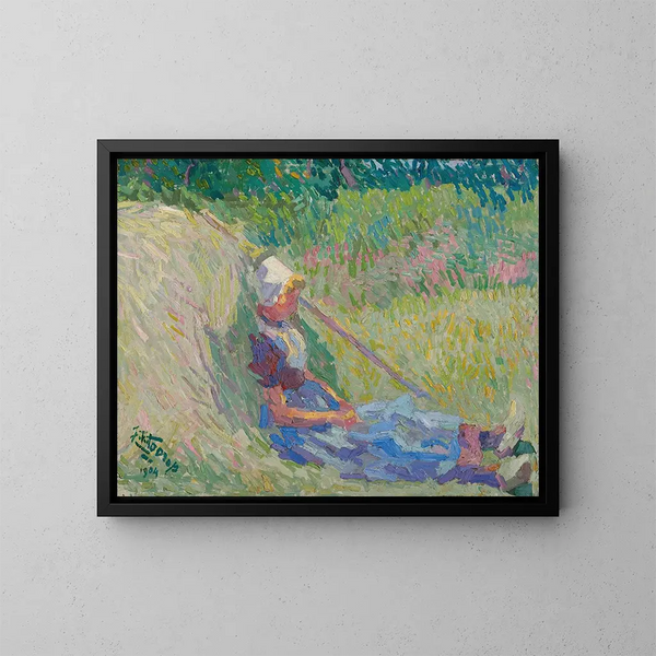 a girl resting against a haystack - Jan Toorop — framed artwork on a wall