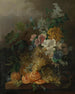 a still life with flowers, peaches, grapes, and a peeled orange, all resting on a table - Jan van der Waarden — artwork view