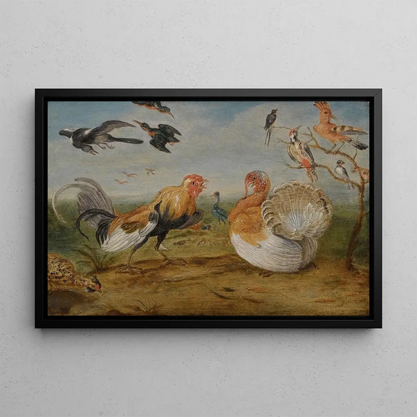 Landscape painting with a cock and a turkey quarreling and other poultry - Jan van Kessel the Elder — framed artwork on a wall