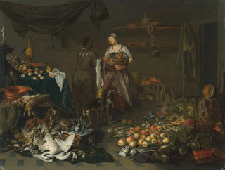 Interior kitchen painting with a servant and a domestic in conversation - Jan van Kessel the Elder — artwork view