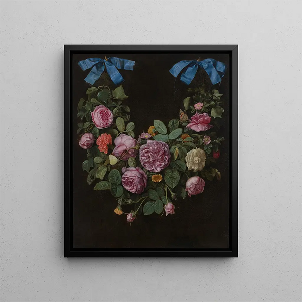 a bouquet of roses hanging from blue ribbons - Jan van Kessel the Elder — framed artwork on a wall