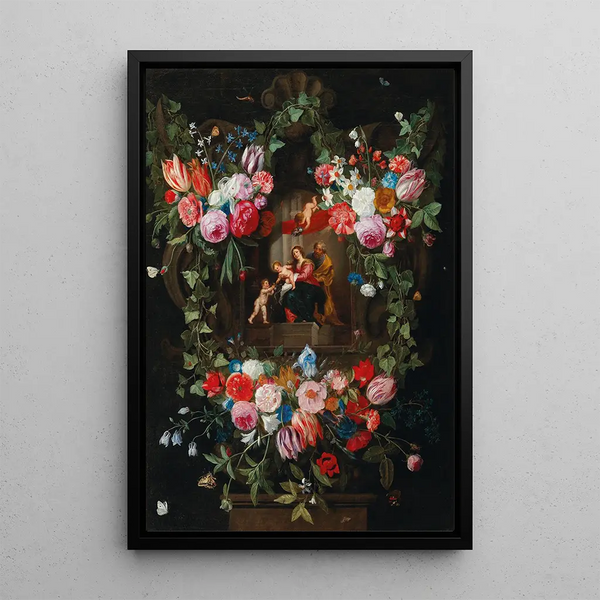 a painting featuring a crown of flowers surrounding a cartouche with the Holy Family and putti - Jan van Kessel the Elder — framed artwork on a wall