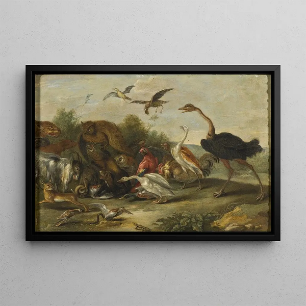 Battle between owls and quadrupeds - Jan van Kessel the Elder — framed artwork on a wall