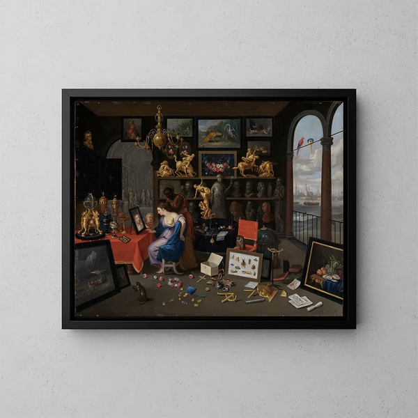 a curiosity cabinet with Venus at her toilette - Jan van Kessel the Elder — framed artwork on a wall