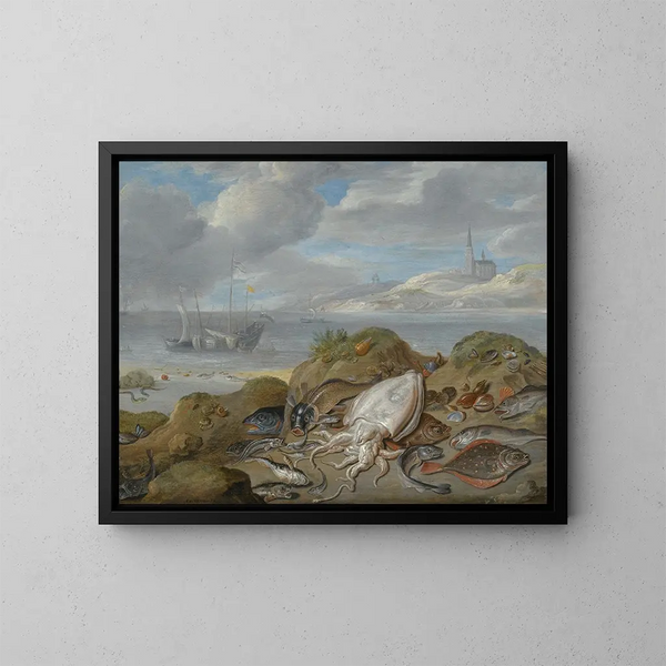Nature morte with a sepia fish, a plaice, cod, mussels, and other fish on a dune, a church on the other side of an estuary - Jan van Kessel the Elder — framed artwork on a wall