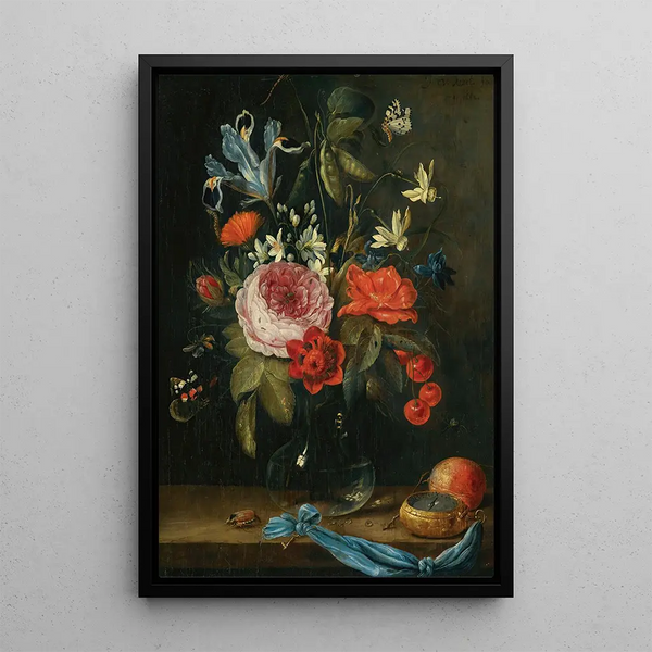 Still life with flowers in a glass vase - Jan van Kessel the Elder — framed artwork on a wall
