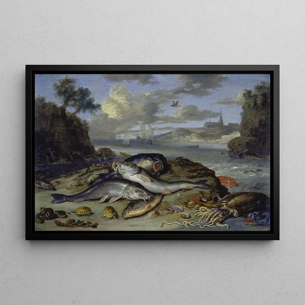 Coastal landscape with fish and marine animals by Jan van Kessel the Elder — framed artwork on a wall