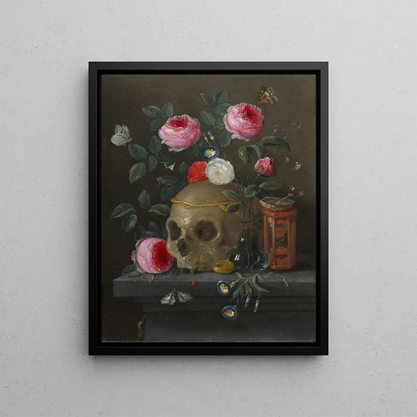 Vanitas still life painting - Jan van Kessel the Elder — framed artwork on a wall