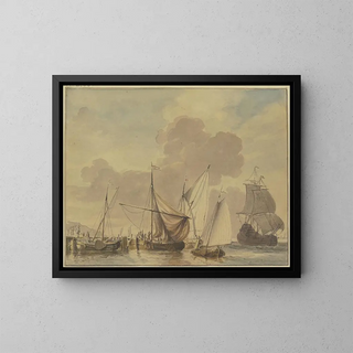 Marine painting with five ships in the foreground - Jan Verbruggen — framed artwork on a wall