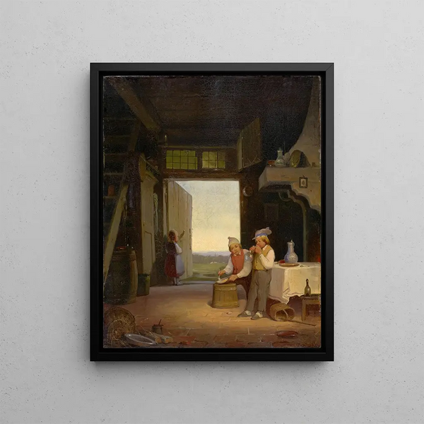 Children blowing bubbles in the corridor - Jan Verhas — framed artwork on a wall