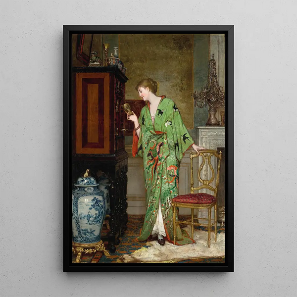 La collectionneuse au kimono vert - Jan Verhas — framed artwork on a wall
