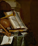 books, a globe, and musical instruments on a draped table - Jan Vermeulen — artwork view