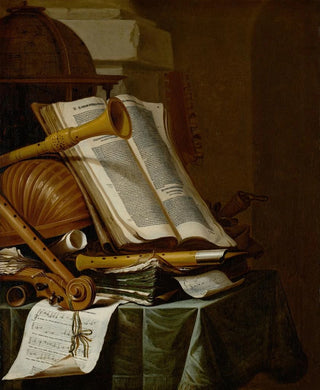 Jan Vermeulen - Books a globe and musical instruments on a draped table.webp