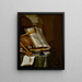books, a globe, and musical instruments on a draped table - Jan Vermeulen — framed artwork on a wall