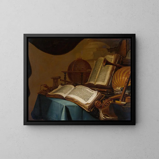 Nature morte with books, a globe, and musical instruments - Jan Vermeulen — framed artwork on a wall