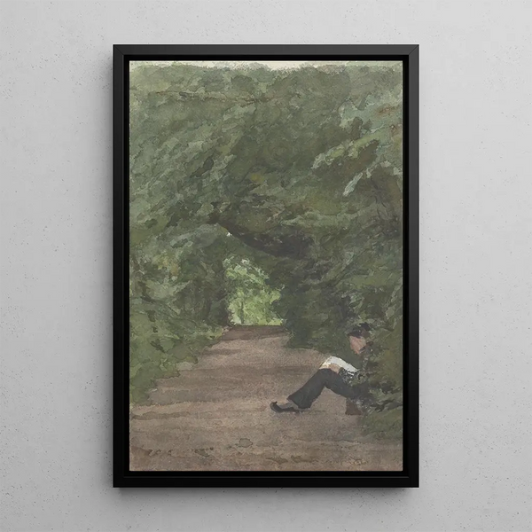Man reading in a forest alley - Jan Veth — framed artwork on a wall