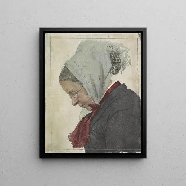 Old woman with headscarf and red scarf - Jan Veth — framed artwork on a wall