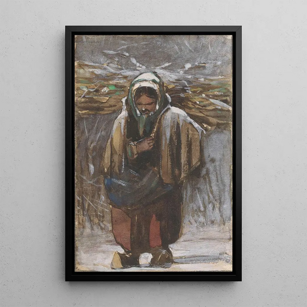 a Peasant Painting with bundles on the back in a winter landscape - Jan Weissenbruch — framed artwork on a wall