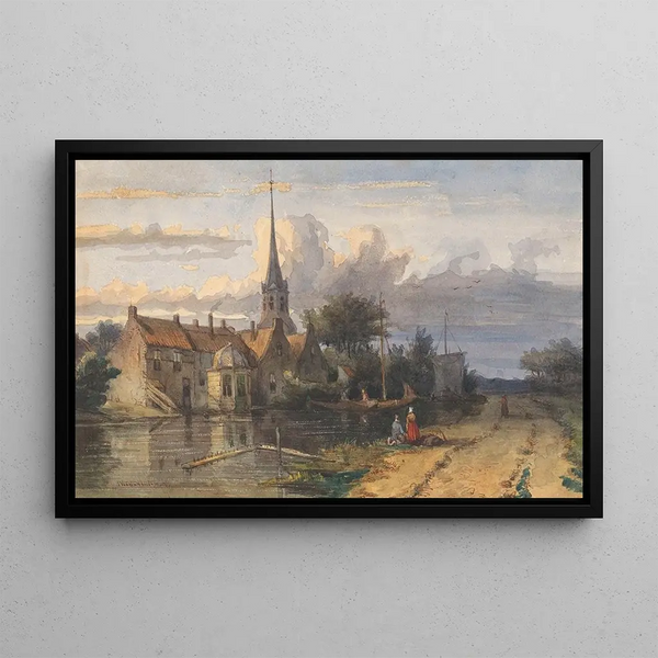 View of a Village by a Canal - Jan Weissenbruch — framed artwork on a wall