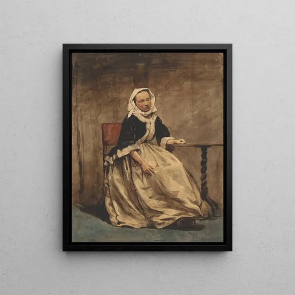 a seated woman next to a small table - Jan Weissenbruch — framed artwork on a wall
