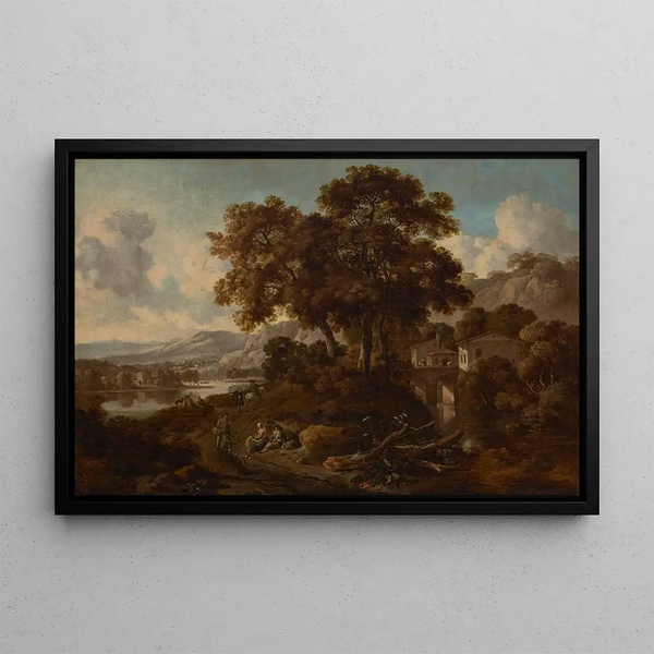 Landscape painting of an Italian-style wooded scene with a river - Jan Wijnants — framed artwork on a wall