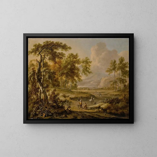 a vast landscape with figures on a path in the foreground - Jan Wijnants — framed artwork on a wall