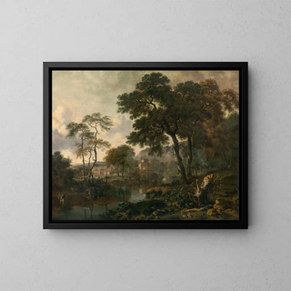 Landscape with a peddler and a resting woman - Jan Wijnants — framed artwork on a wall