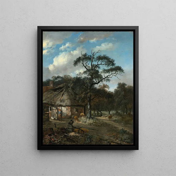 Landscape painting with a boy and animals near a chalet - Jan Wijnants — framed artwork on a wall