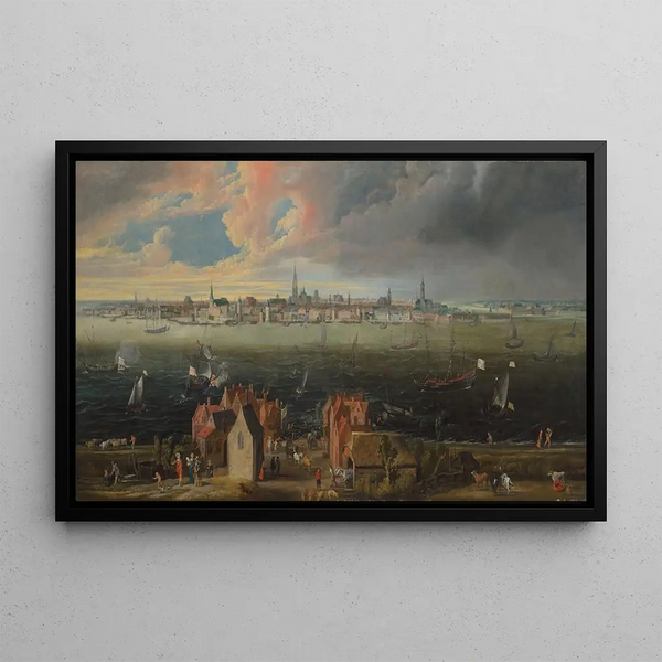 Panoramic view painting of the city of Antwerp across the Scheldt - Jan Wildens — framed artwork on a wall