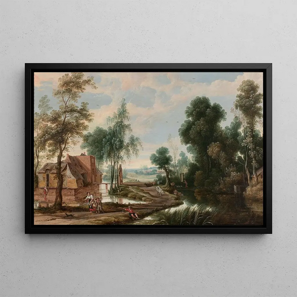 River landscape painting with animated characters - Jan Wildens — framed artwork on a wall
